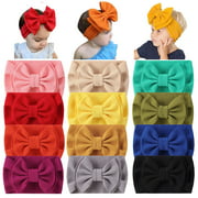 12 Pack Solid Stretchy Wide Headbands with Big Knot Bow Headwraps Hair Accessories for Baby Girls Infants Toddlers Kids