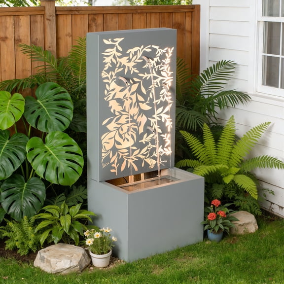 Christopher Knight Home 30.71" Outdoor Fountain with LED Lights, Leaf Cutout Water Wall Feature, Light Gray