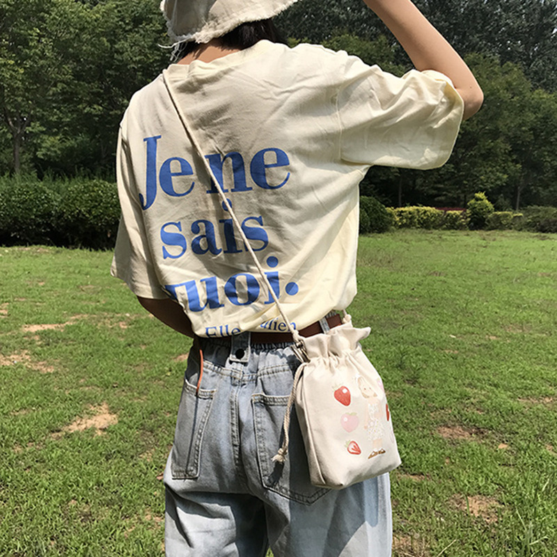 Women Canvas Bag Print BucketShaped Oranges Strawberries Milk Little