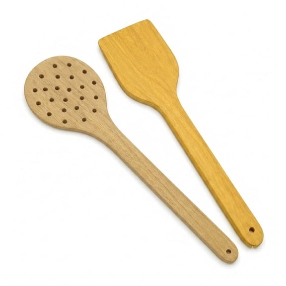 Handcrafted Wooden Kitchen Utensil Set, Natural Wood Cooking Spoon & Flat Spatula for Stirring, Mixing, Flipping, Serving & Cooking, Safe for Non-Stick Cookware (Pack of 2)