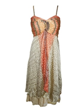 Mogul Women Vintage Recycled Sari Printed Sundress Layered Spaghetti Strap Beach Summer Dresses S/M