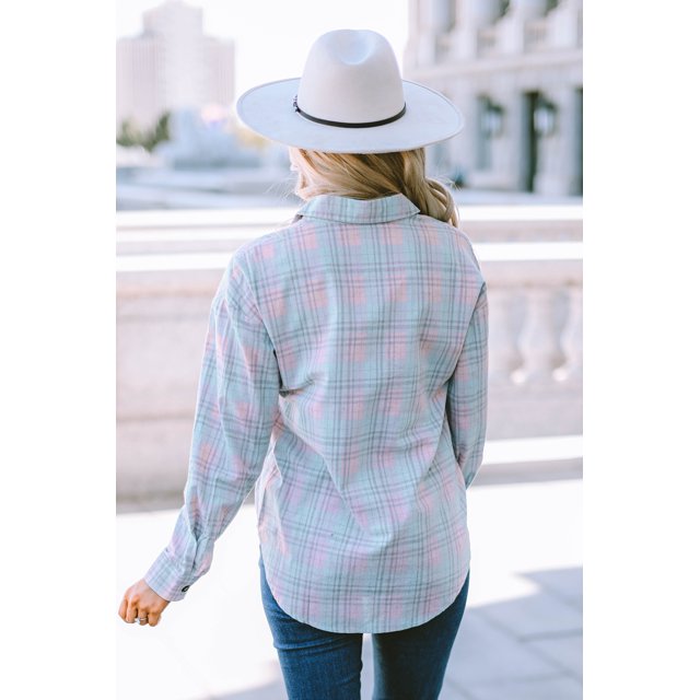ABPHQTO Camisa de manga larga con estampado a cuadros y escote en cuello rosa para mujer