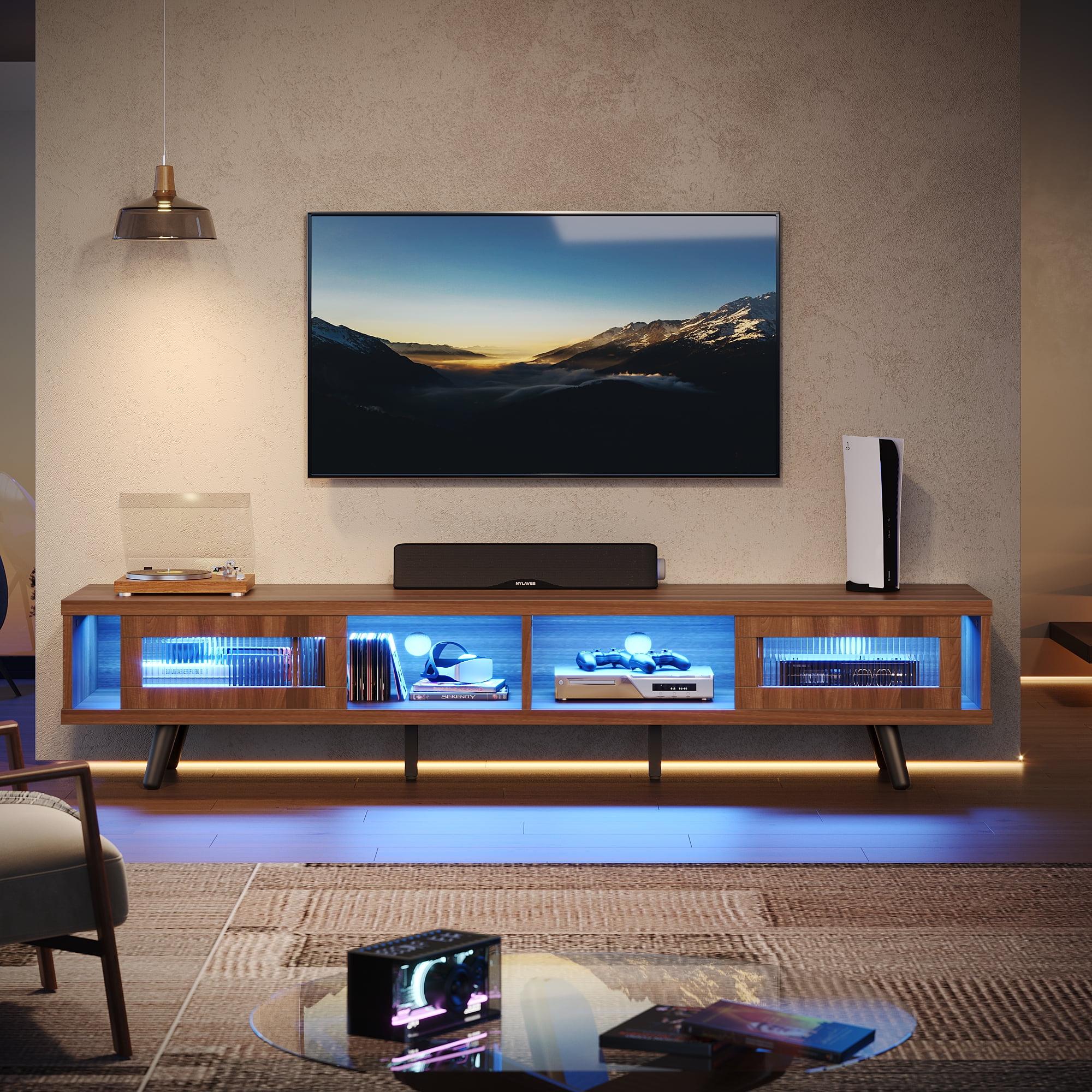 Bestier 70" LED TV Stand for TVs up to 75" TV, Mid-Century Modern Entertainment Center with Sliding Glass Door, Media TV Console Table, Ancona Walnut