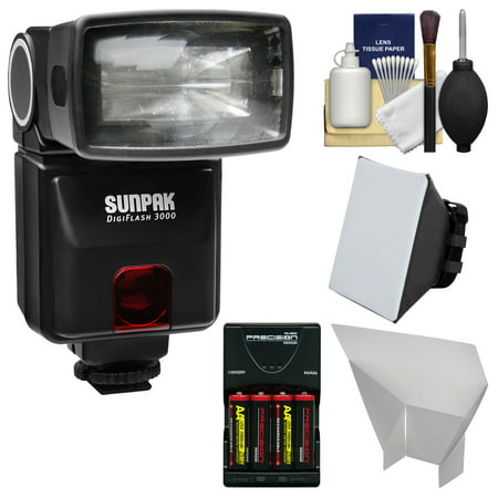 Sunpak DigiFlash 3000 iTTL Flash + Batteries/Charger + Soft Box + Bounce Reflector Kit for Nikon D3200, D3300, D5200, D5300, D5500, D7100 (Best Flash For D7100)