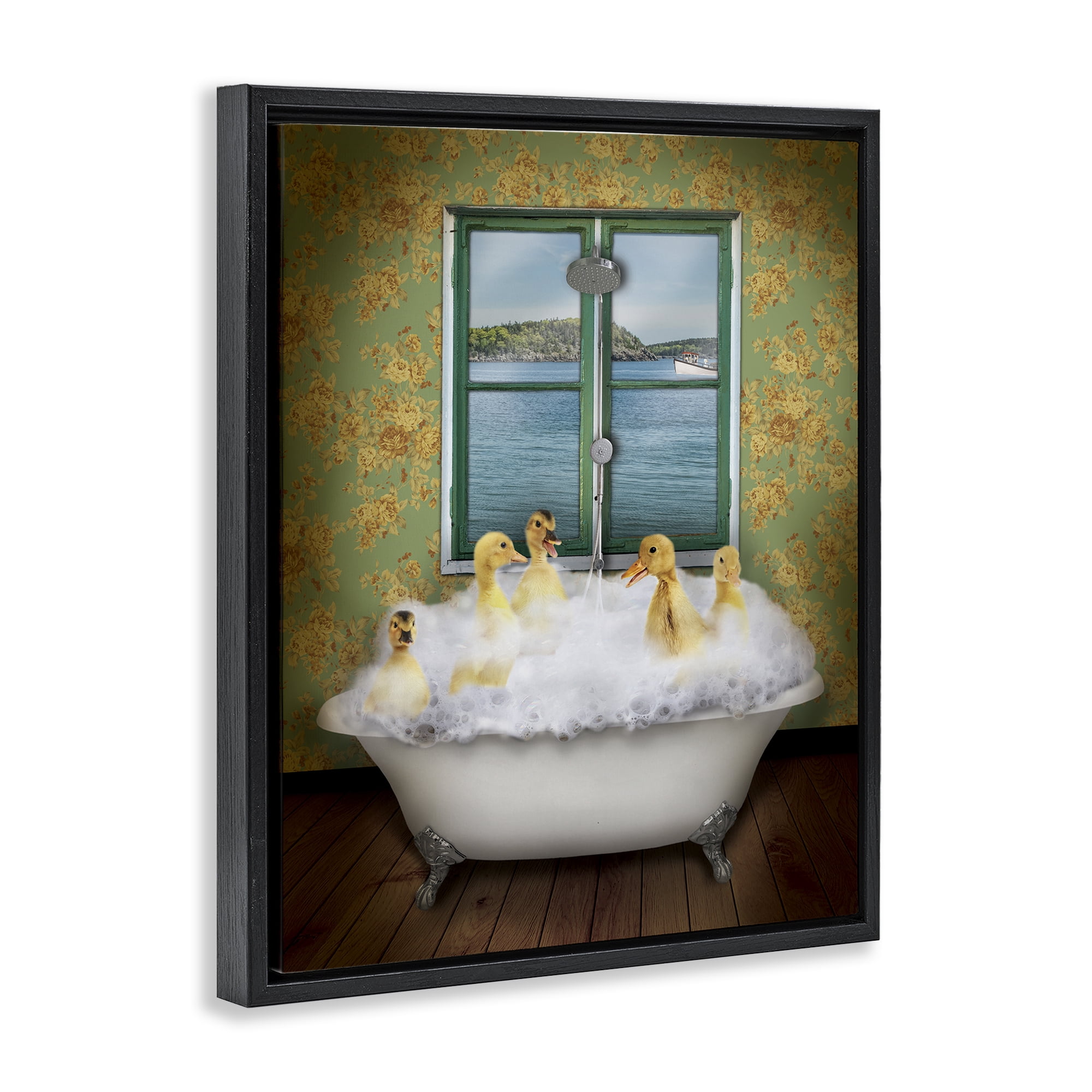Stupell Industries Ducks Bathing Tub Ocean View Animals Painting Black Floater Framed Canvas Art Print Wall Art, 25 x 31