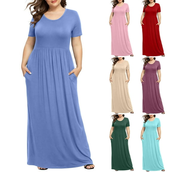 Feancey Casual Plus Size Dresses for Curvy Women Short Sleeve Round Neck Maxi Dress High Waist Pleated Summer Dresses with Pockets Limited Time Sales Today Blue 5XL
