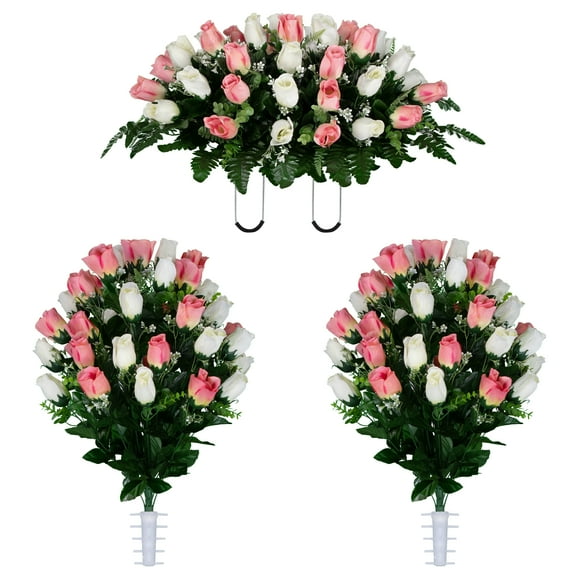 Sympathy Silks Artificial Cemetery Flowers Pink and Cream Rose Buds Two Bouquets & Saddle