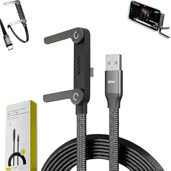 240W USB C to USB C Cable with Stand 4.9FT, Invisible Holder Charger Cable, 90 Degree Right Angle Fast Charging Cord, Foldable Metal Stand Braided
