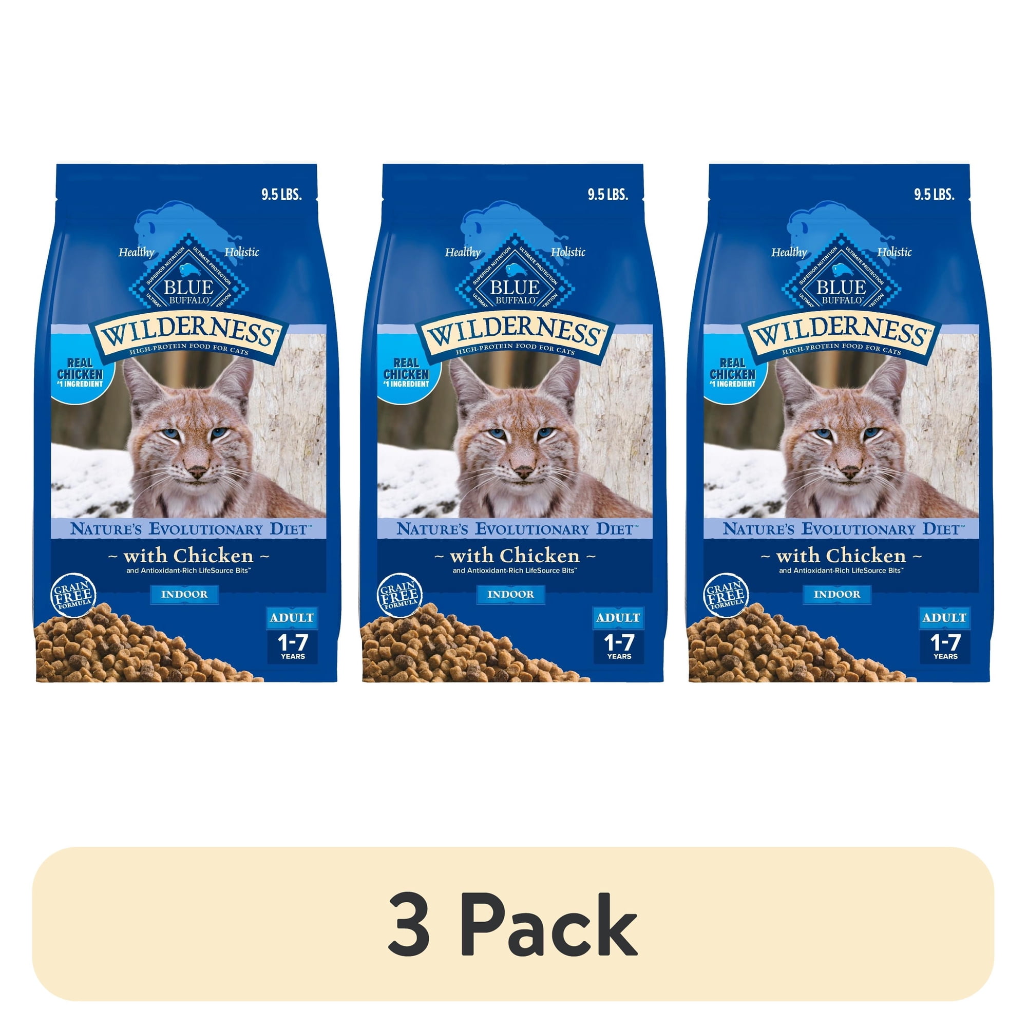 (3 pack) Blue Buffalo Wilderness Natural High-Protein, Grain-Free Dry Cat Food, Chicken, 9.5-lb. Bag