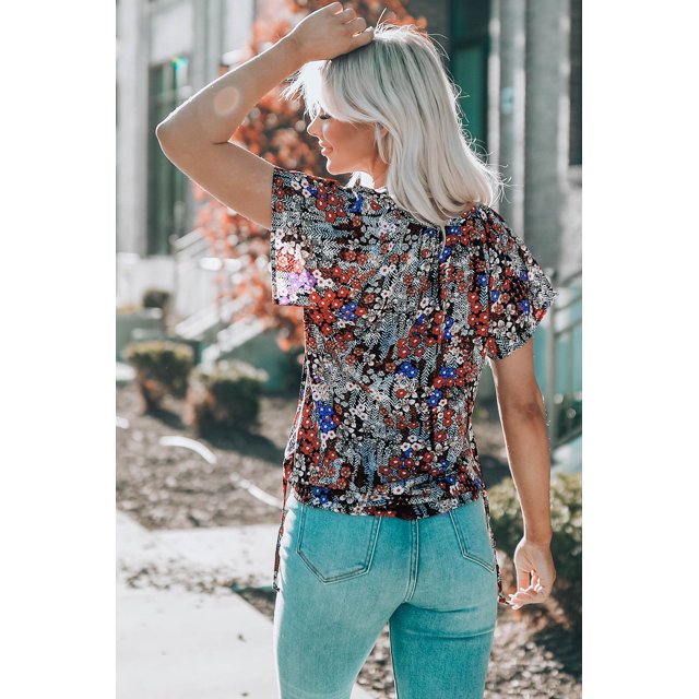 ABPHQTO Blusa azul con escote en V y manga corta con estampado de moda para mujer
