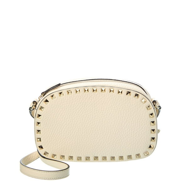 Valentino Rockstud Grainy Leather Camera Bag, White