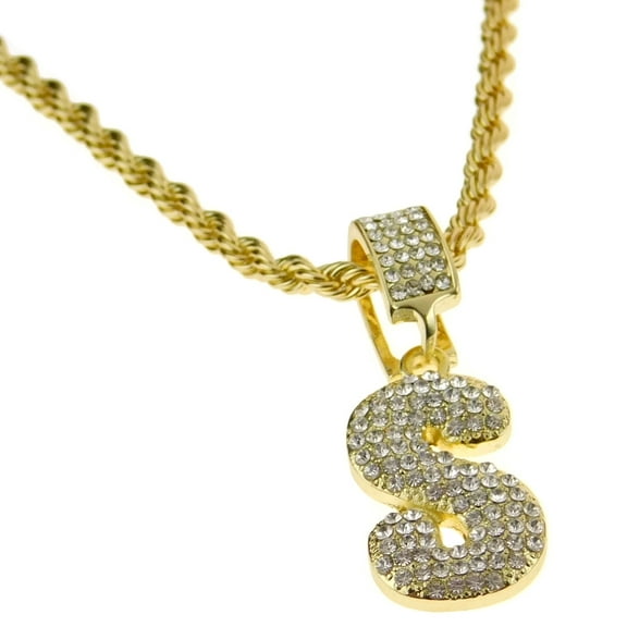 Bubble Letter S Block Initial 24" Rope Chain  Bling Pendant Gold Finish Monogram Name Necklace
