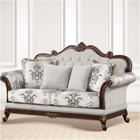 JERFIT Traditional Button Tufted Loveseat Sofa, Upholstered Floral Fabric Small Couch for Living Room, Ivory