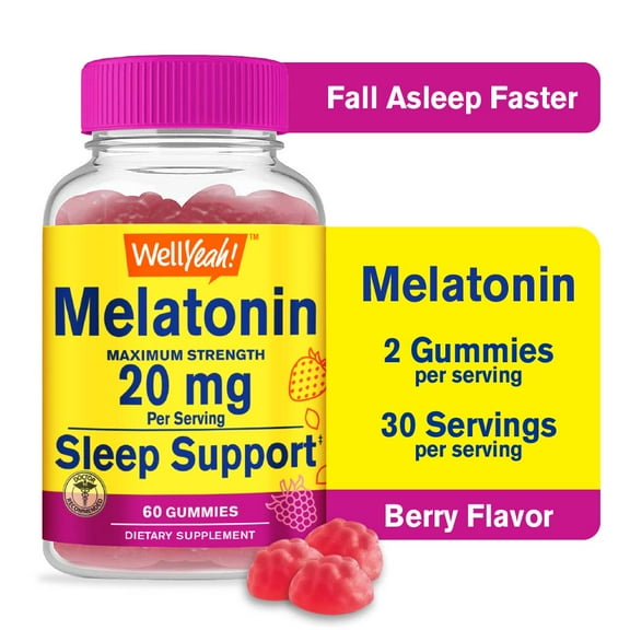 WellYeah Melatonin Gummies 20 mg - Natural Berry Flavor - Drug-Free Gummy Supplement - Gluten Free and Gelatin Free, Vegetarian - 60 Gummies