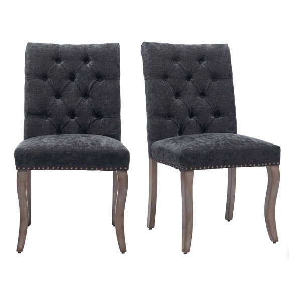 QuzyAor Tufted Chenille Dining Chair Set of 2 for Home, Solid Wood Legs Upholstered Seat for Kitchen Living Room Farmhouse, Black