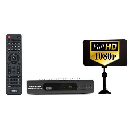Digital Converter Box for TV + Flat Antenna for Recording and Viewing Full HD Digital Channels FREE (Instant or Scheduled Recording, 1080P HDTV, HDMI Output, 7 Day Program Guide and LCD