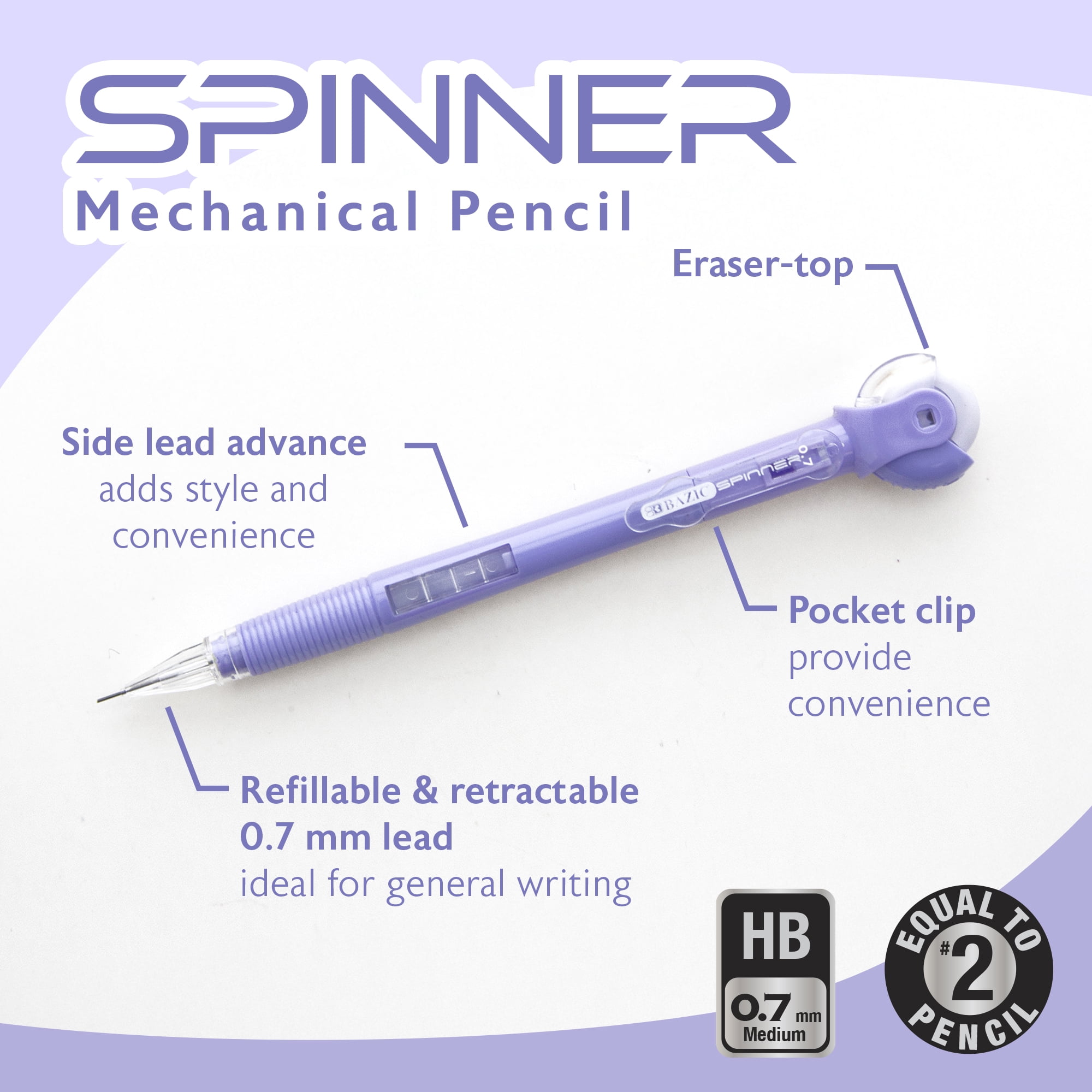BAZIC Spinner Mechanical Pencil 0.7mm, Latex Free Eraser, (3/Pack), 24-Pack