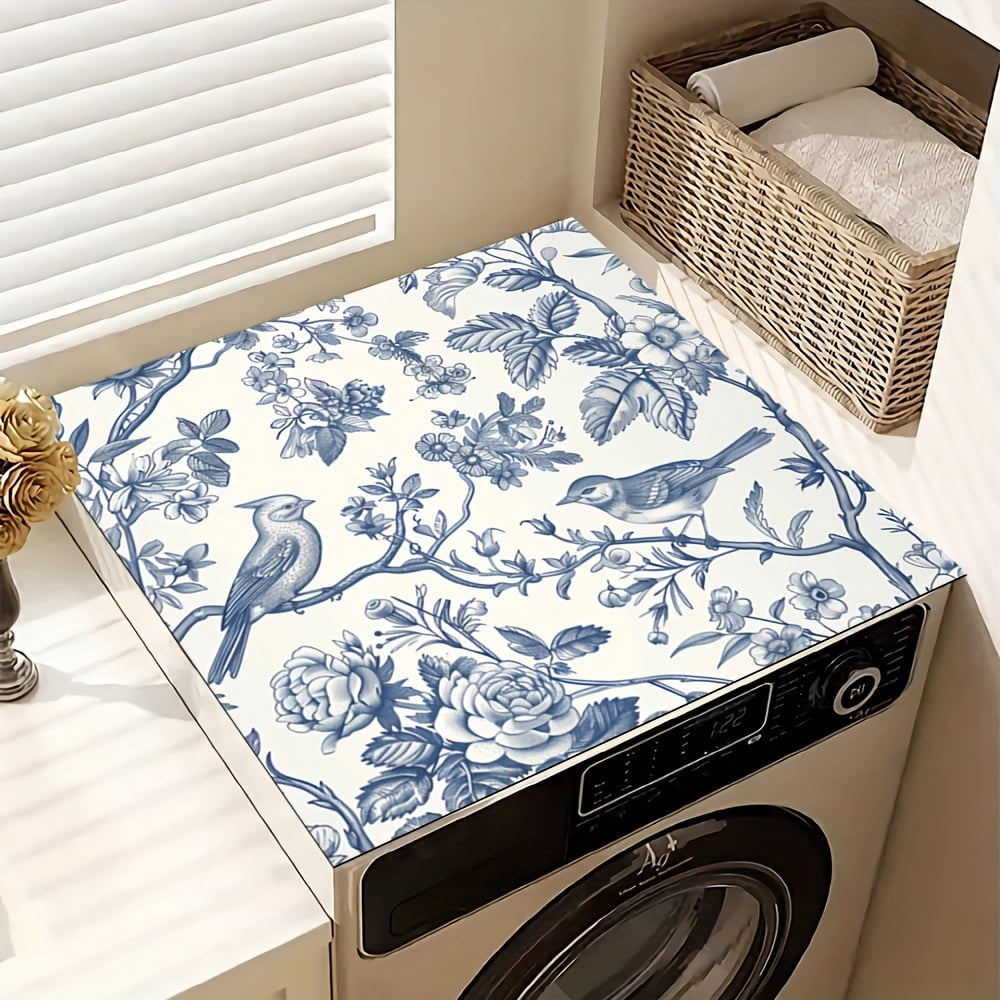 1pc, Dish Drying Pad, Blue Birds On Branches Pattern Washing Machine Cover Mat, Countertop Absorbent Pad, Washstand Drain Mat, Soft Faucet Absorbent Mat, Kitchen Accessories, Bathroom Accessories
