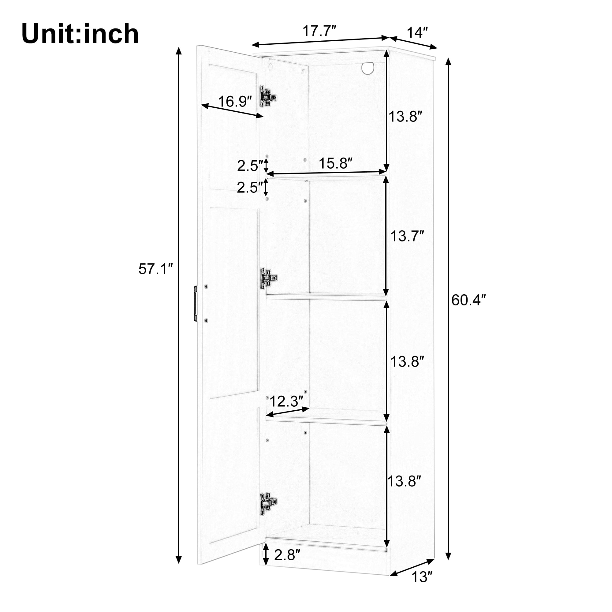 HOQBN Storage Cabinet with One Door & Adjustable Shelf,60" H Tall Bathroom Storage Cabinet for Bathroom,Office,White