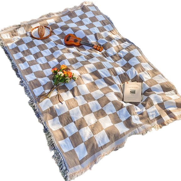 AUQ Picnic Blankets,Soft Cotton Outdoor Blanket,Vibrant Picnic Mat with Checkered Pattern,70*90inch,Coffee