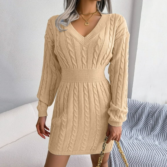 CAICJ98 Sweaters for Women Women's Neck Ribbed Long Sleeve Bodycon Pullover Cute Mini Sweater Dress Khaki,L