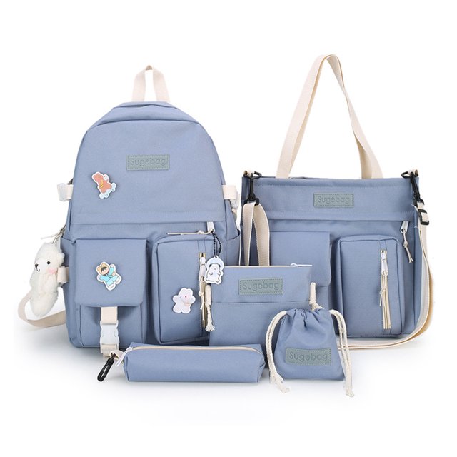 Bolsa 5pcs/set Mujer Mochila Moda Casual Mochilas Escolares Lona para Vacaciones (Azul) Likrtyny Para Estrenar