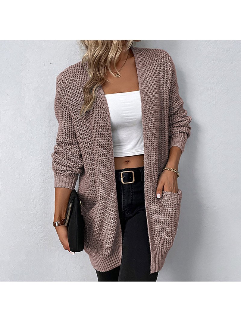 Women's Fall Winter Lantern Sleeve Solid Open Front Knit Cardigan