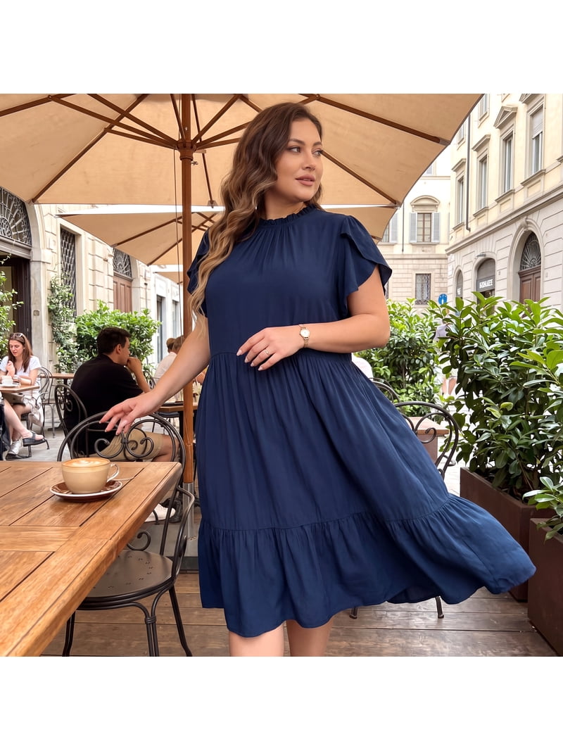 women's plus size navy blue dress Agnes Orinda Crew Neck Tie Back Petal Short Sleeves Ruffle Hem A-Line Swing Midi Dresses 4X Blue, Size: 4XL, Pink Perfect for special occasions style: feminine Plus Size Black Denim Size:32