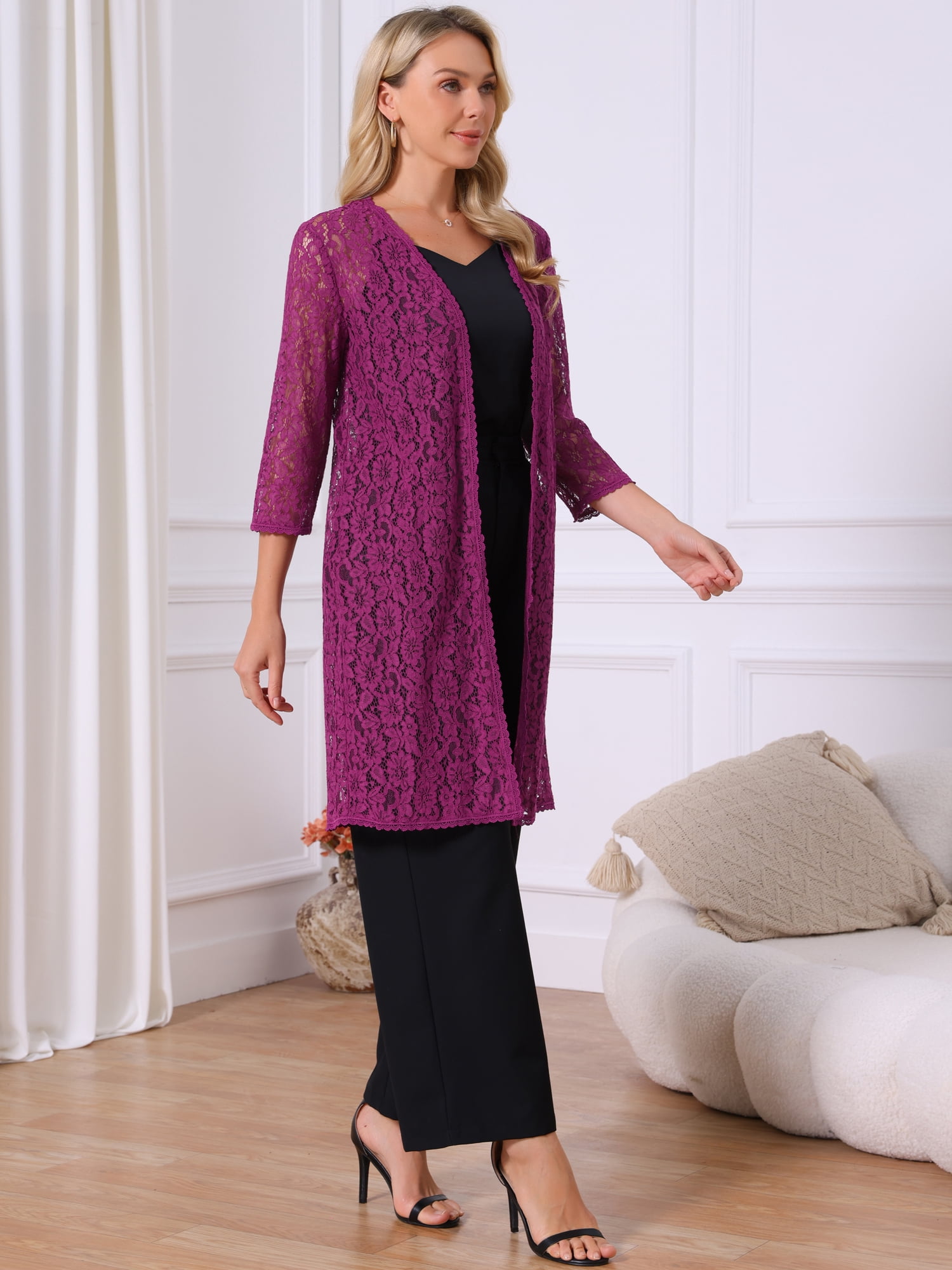 DARING DIVA Lace 3/4 Sleeve Crochet Open Front Long Cardigans XL Purple