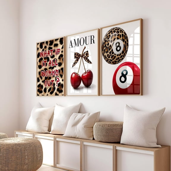 Red Leopard Wall Art Lucky 8 Ball Print Maximalist Fashion Girl Y2K Decor Set 3 Unframed Paper Print 8x12