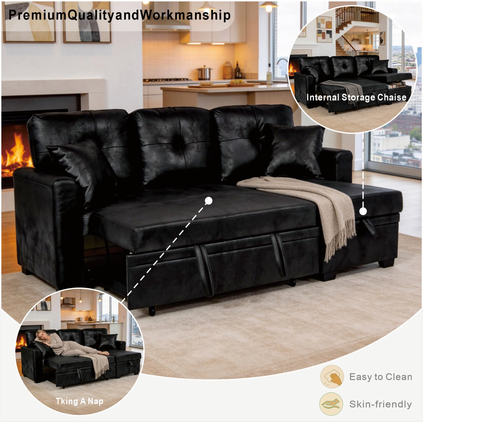 BSHTI 71" Polyester L-Shaped Pull-Out Sleeper Sofa Bed with Reversible Chaise, Hidden Storage for Living Room（Black）