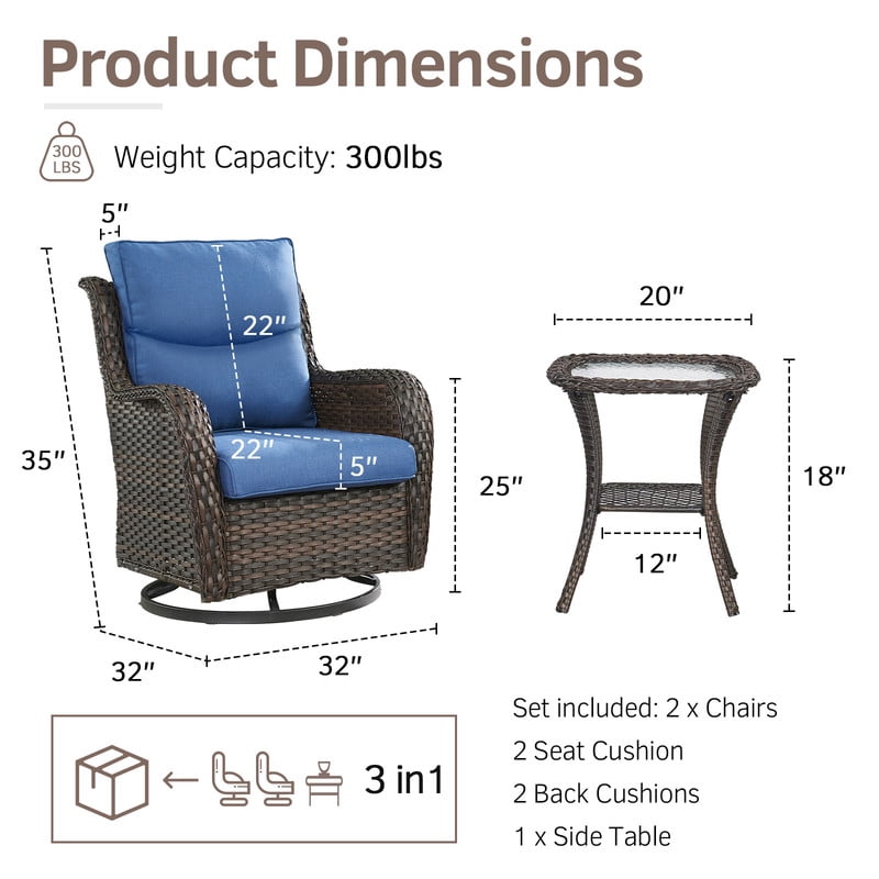PARKWELL 3-Piece Patio Wicker Chairs Swivel Rocker Set,Outdoor High Back Swivel Glider Rocking Lounge Chairs with Side Table for Patio Deck Garden,Brown/Navy