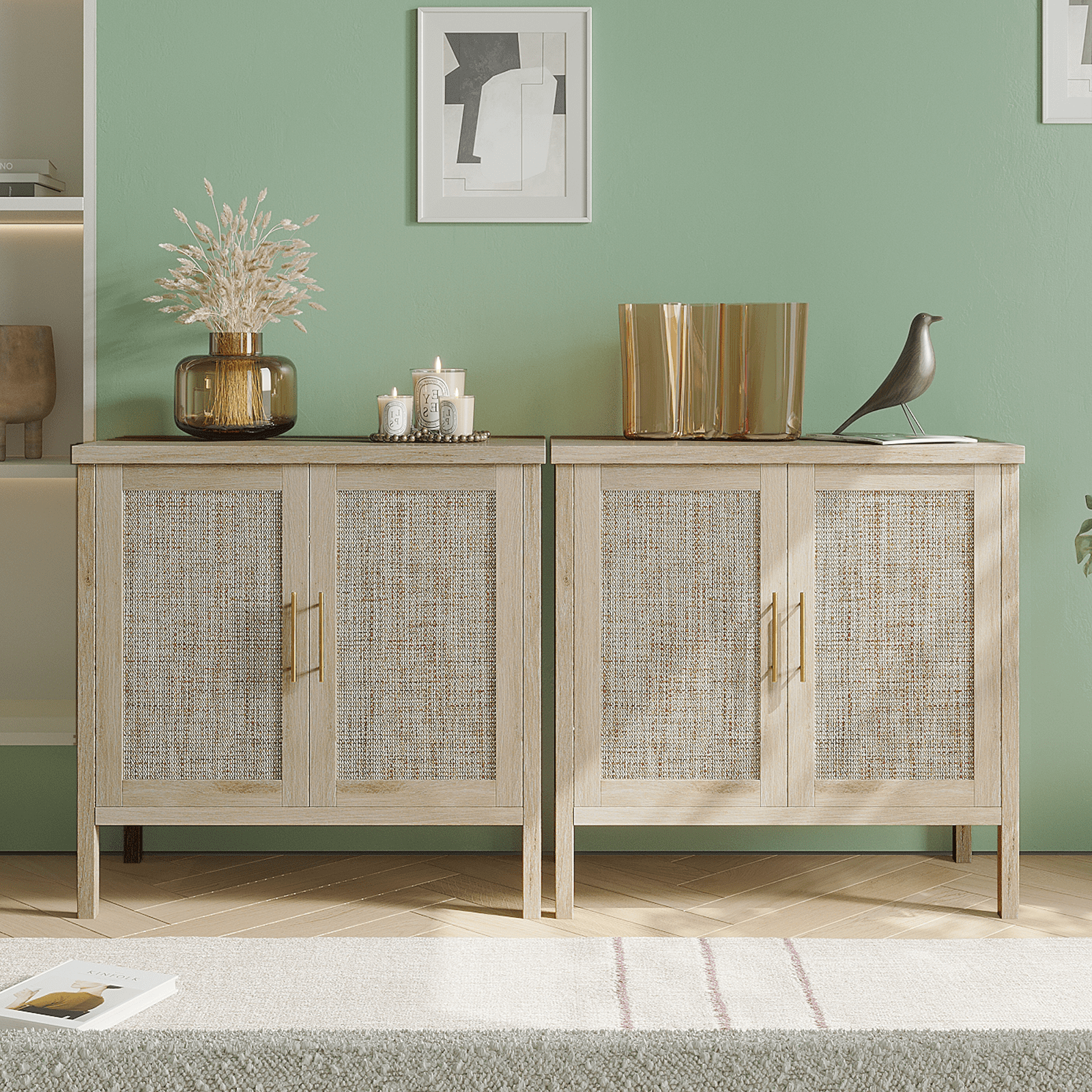 RichYa Modern Rattan Sideboard Buffet Cabinet with Shelves,Kitchen Storage Cabinet for Living Room,Entryway,Natural