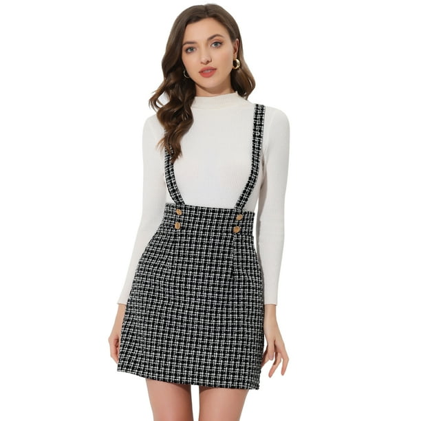 INSPIRE CHIC Vestido informal a cuadros para mujer, falda con tirantes de tweed de cintura media Negro M