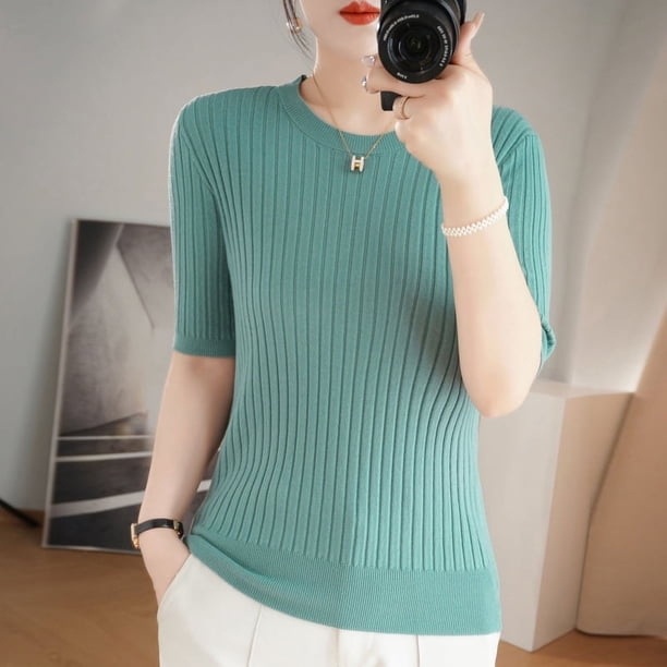 Suéter fino de otoño para mujer, suéter de manga corta con cuello redondo para mujer, suéter de lana base para mujer