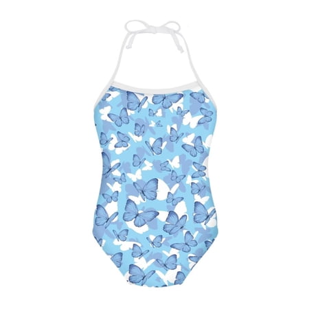 FOR U DESIGNS Novelty Halter Swimsuit Blue Butterfly Off Shoulder Bathing Suit for Beach Swimming Pool Novelty One Piece Swimwear for Kids Toddler Girls 7-8T