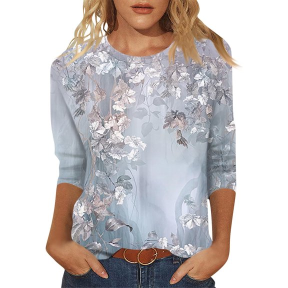WEIWEN 3/4 Length Sleeve Womens Tops Dressy Casual Floral Graphic Tees for Women Trendy Going Out Outfits 3/4 Sleeve T Shirts Women's Clothing Light Gray, S