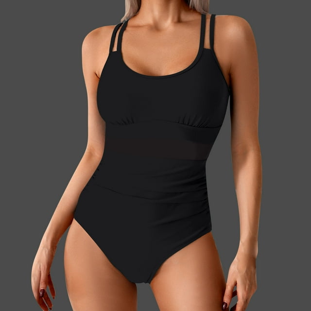 Ounisa Womens One Piece Swimsuit Tummy Control Bathing Suits Mesh Insert Ruched Slimming Monokini Swimwear Dressy Beachwear
