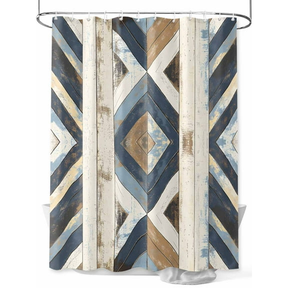 Retro Shower Curtain, Geometric Pattern Wood Texture Bathroom Decor Curtains Set with Hooks, Beige Blue Waterproof Fabric Home Accessories, 72 X 84 Inch Extra Long