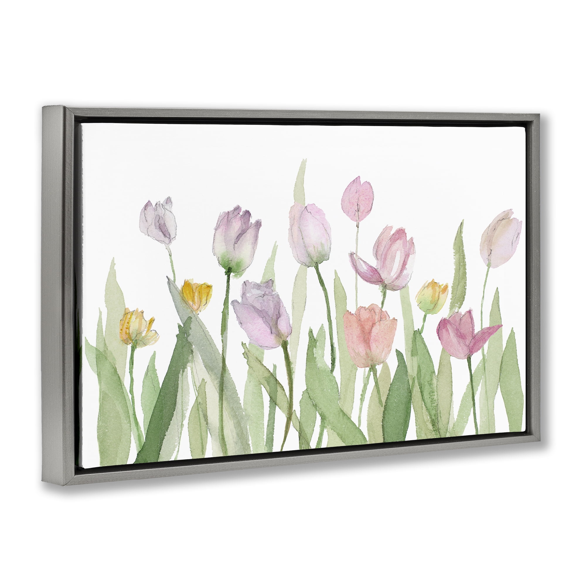 Stupell Industries Soft Pastel Tulips Plants & Flowers Painting Gray Floater Framed Canvas Art Print Wall Art, 25 x 17