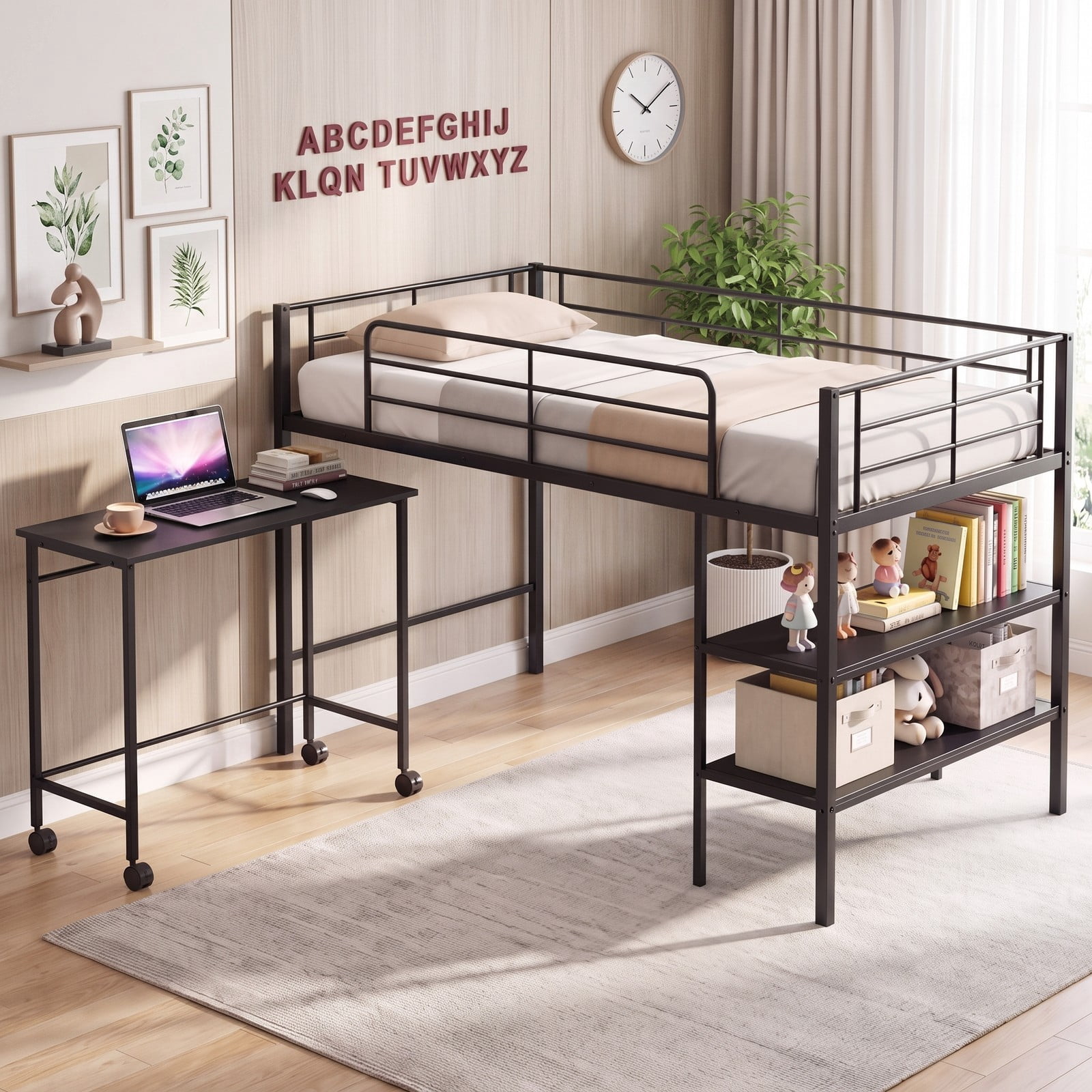 Furnibear Twin Size Loft Bed with Rolling Desk and Bookshelf for Home Office Bedroom, Space-Saving Metal Loft Bed Frame with Ladder, Black