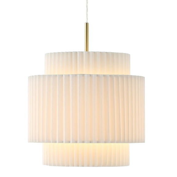 JONATHAN Y Boden 14.5" 1-Light Vintage Mid-Century Iron LED Pendant with Pleated Shade, Brass Gold/White