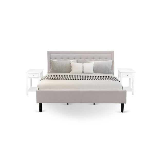 FN08K-2DE05 3-Pc Platform King Size Bedroom Set with 1 Bed Frame and 2 Nightstands - Mist Beige Linen Fabric