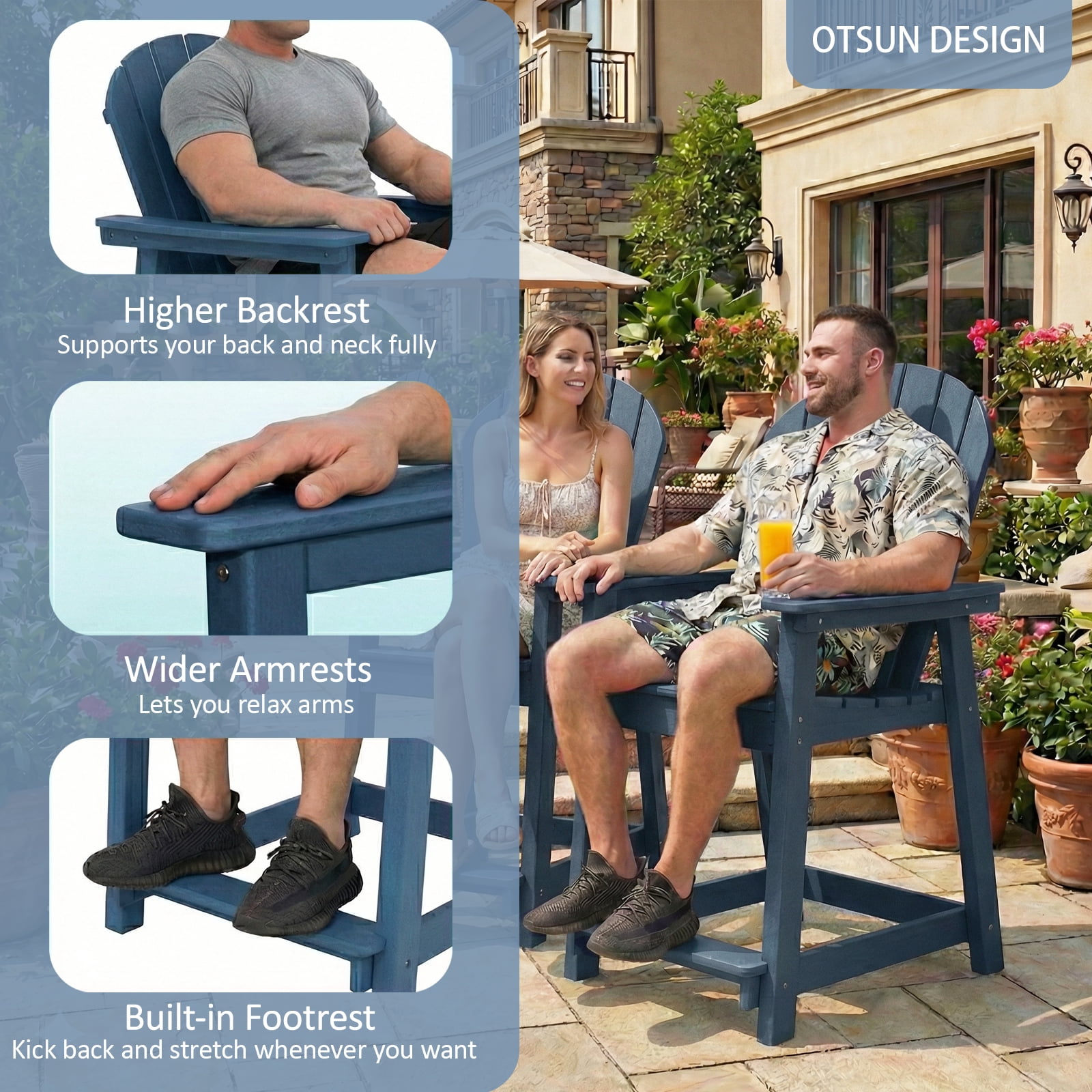 OTSUN Tall Modern Adirondack Chair, All Weather HDPE Bar Height Adirondack Stools Widened Durable Design for Porch Patio Yard Lawn Fire Pit Bistro Basement Indoors & Outdoors