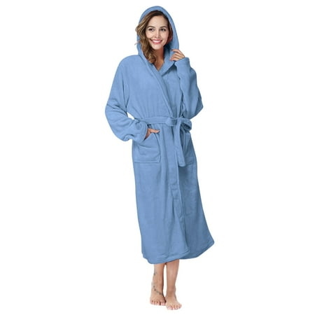 IDALL Robes for Women Nightgowns for Women Robe Lightweight Long Flannel Sleepwear Fleece Hooded Bathrobe Plush Long Robe Pajamas Women s Lingerie  Sleep & Lounge Blue S