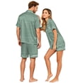 thumbnail image 4 of VV AVEORS Couple Matching Pajamas Sets Plaid Silk Short Sleeve Button Down Sleepwear Satin Pjs Shorts Set Soft Loungewear Green 2XL, 4 of 5