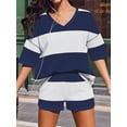 thumbnail image 6 of Women'S Two Piece Sets Summer Lounge Sets Striped Shirts and Shorts Set Oversized Matching Outfit Navy Blue & White M, 6 of 9