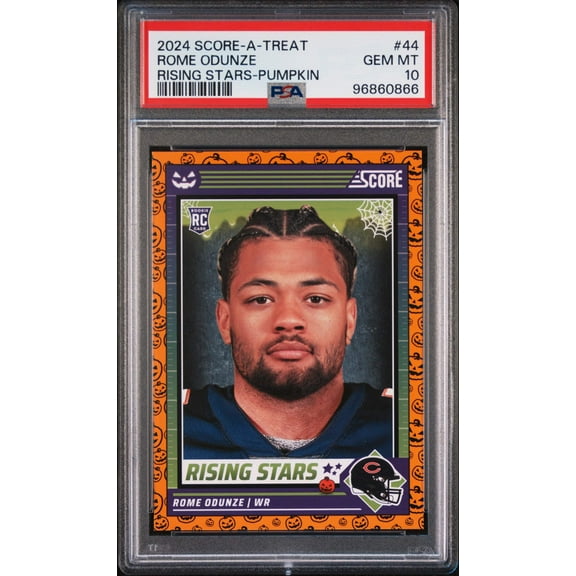 Graded 2024 Panini Score-A-Treat Rome Odunze #44 Rising Stars Pumpkin Rookie RC Football Card PSA 10 Gem Mint