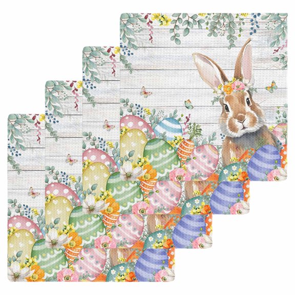 Easter Bunny Kitchen Dish Towels for Drying Dishes Set of 4, Colorful Easter Eggs Eucalyptus Grey Wooden Waffle Weave Microfiber Hand Tea Bathroom Towels Quick Dry & Absorbent Towel 12x12