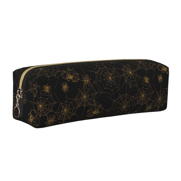 Disketp Gold Spiders And Cobwebs Estuche de Lápices de Cuero con Cierre, Estuche Compacto para Papelería, Bolígrafos y Accesorios Pequeños